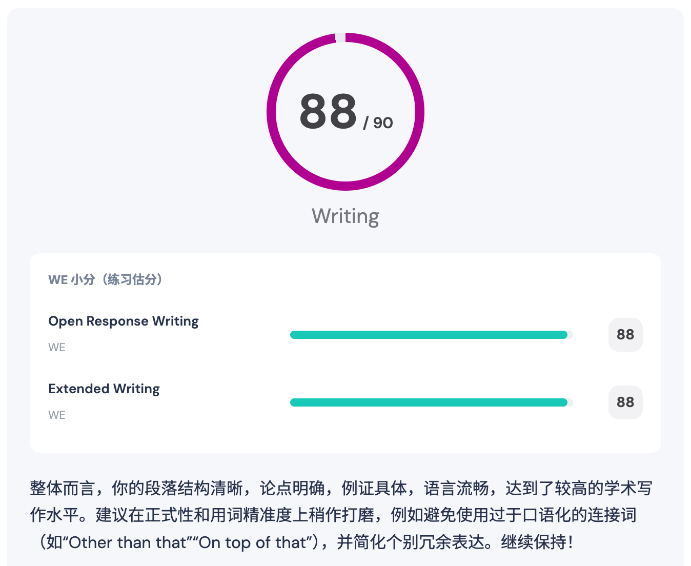 WE 作文评分结果示例：Writing 总分与两个 WE 小分